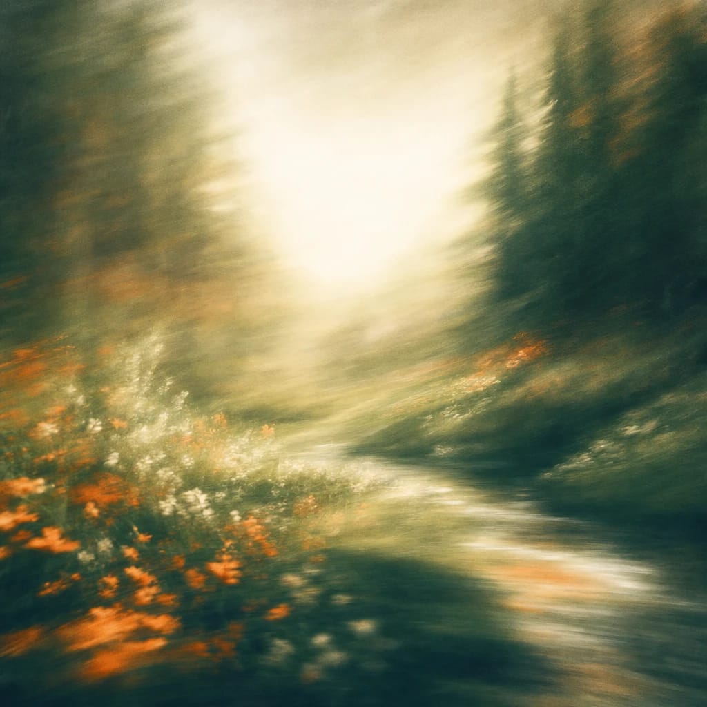 Stylized scene featuring a sun-dappled forest glade with wildflowers in bloom, rendered in deep forest green, off-white, and warm orange