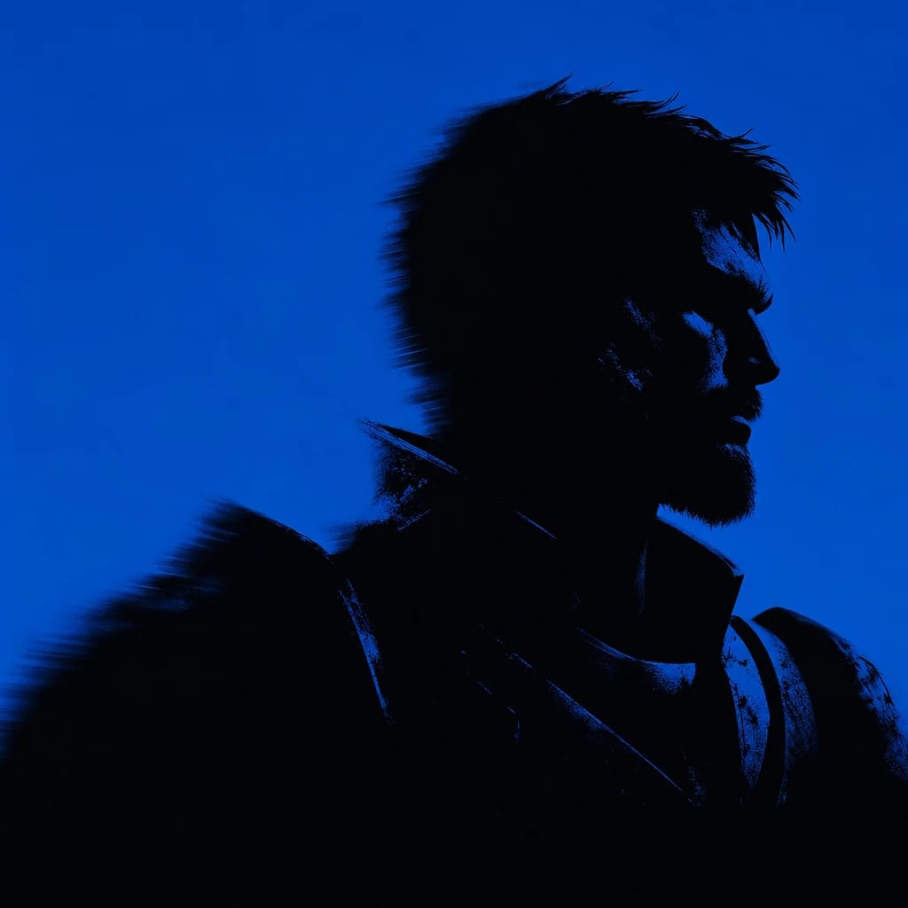 Stylized scene featuring a focused portrait of a battle-worn warrior, rendered in #004CB6