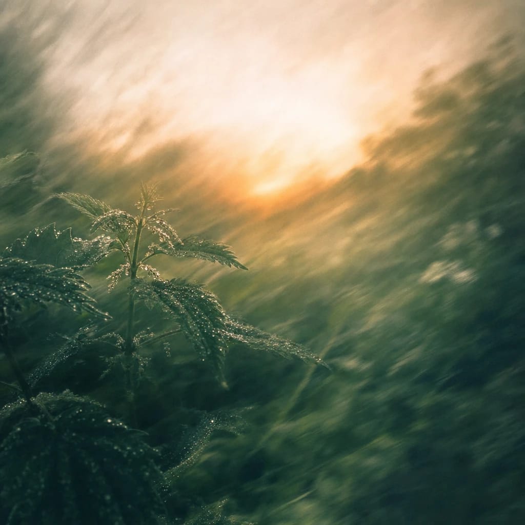 Stylized scene featuring dew-covered nettle leaves in early morning light, rendered in deep forest green, off-white, and warm orange