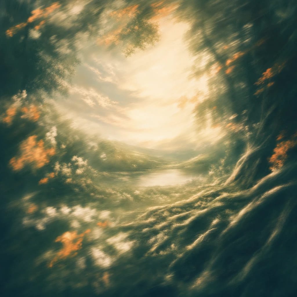 Stylized scene featuring sunlit glade with winding tree roots and filtered light, rendered in deep forest green, off-white, and warm orange