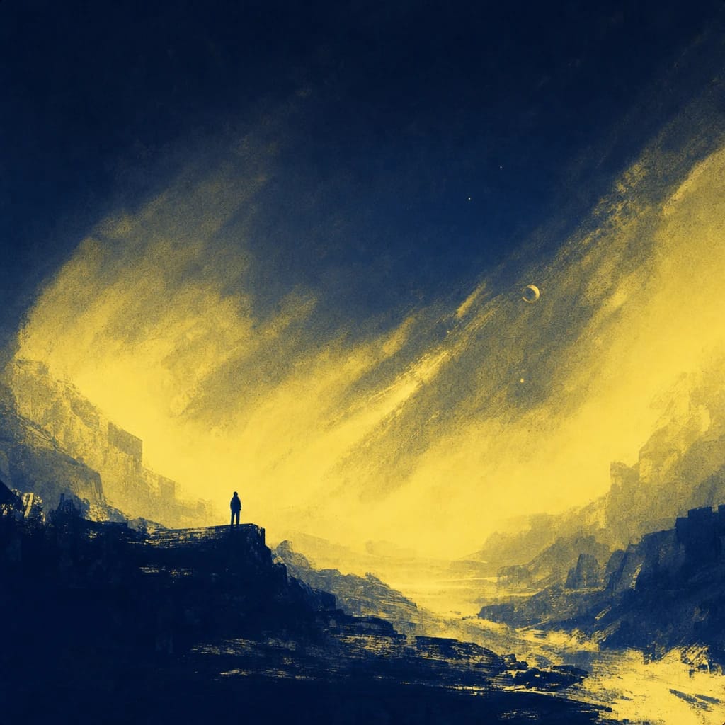 Stylized scene featuring a dramatic scene with a dark silhouette in a tense pose, rendered in #F8E079 and #000440
