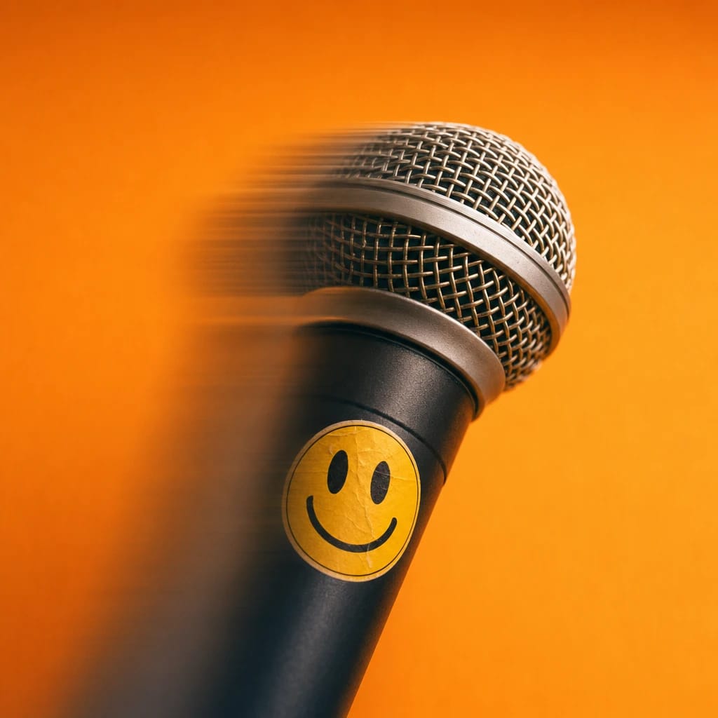 Stylized scene featuring a microphone with a smiley face sticker, rendered in off-white, orange