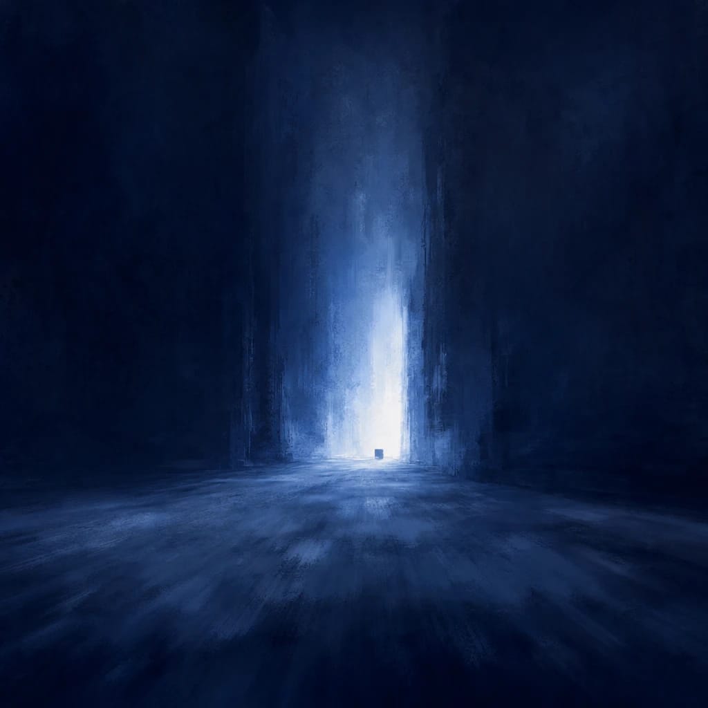 Stylized scene featuring a shadowy corridor dimly lit at the end, rendered in #DFE8F3 and #020A2F