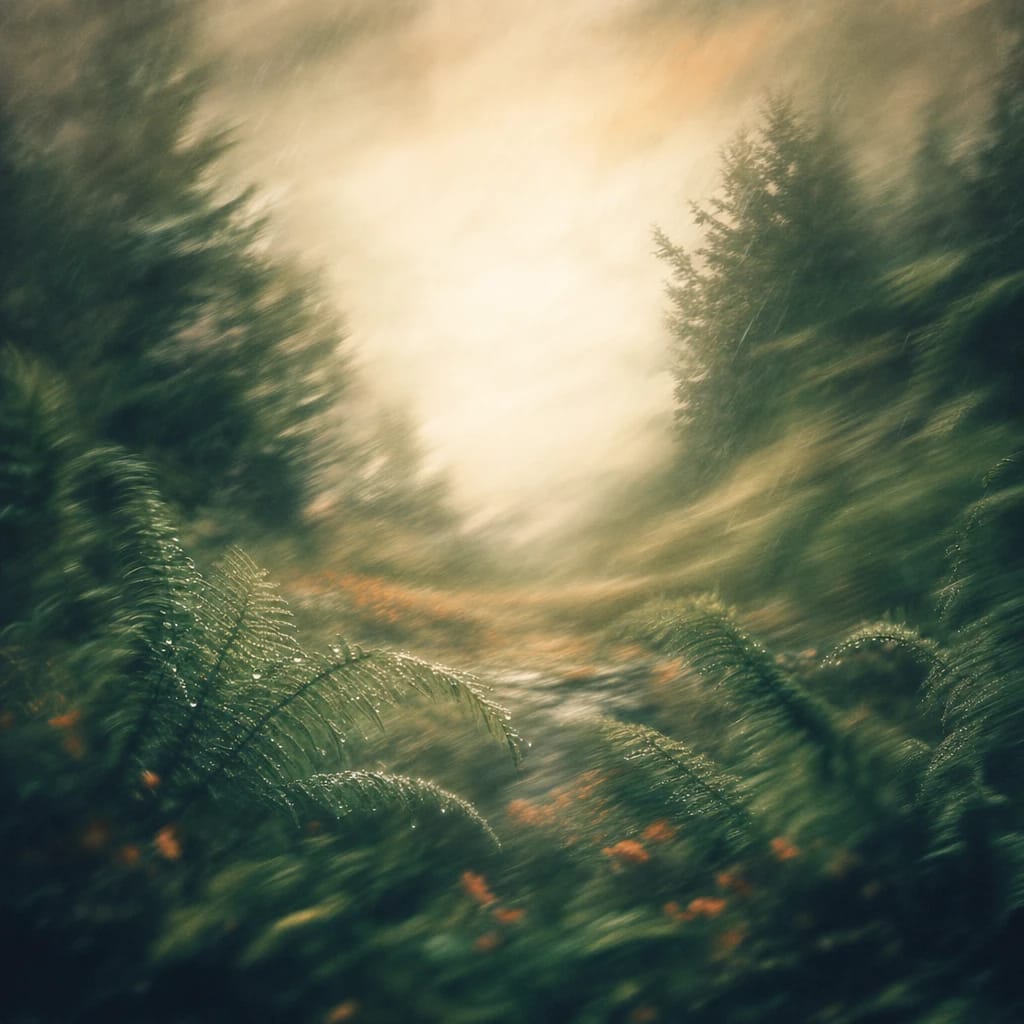 Stylized scene featuring a rain-soaked forest clearing with dew-laden ferns and distant overcast sky, rendered in deep forest green, off-white, and warm orange