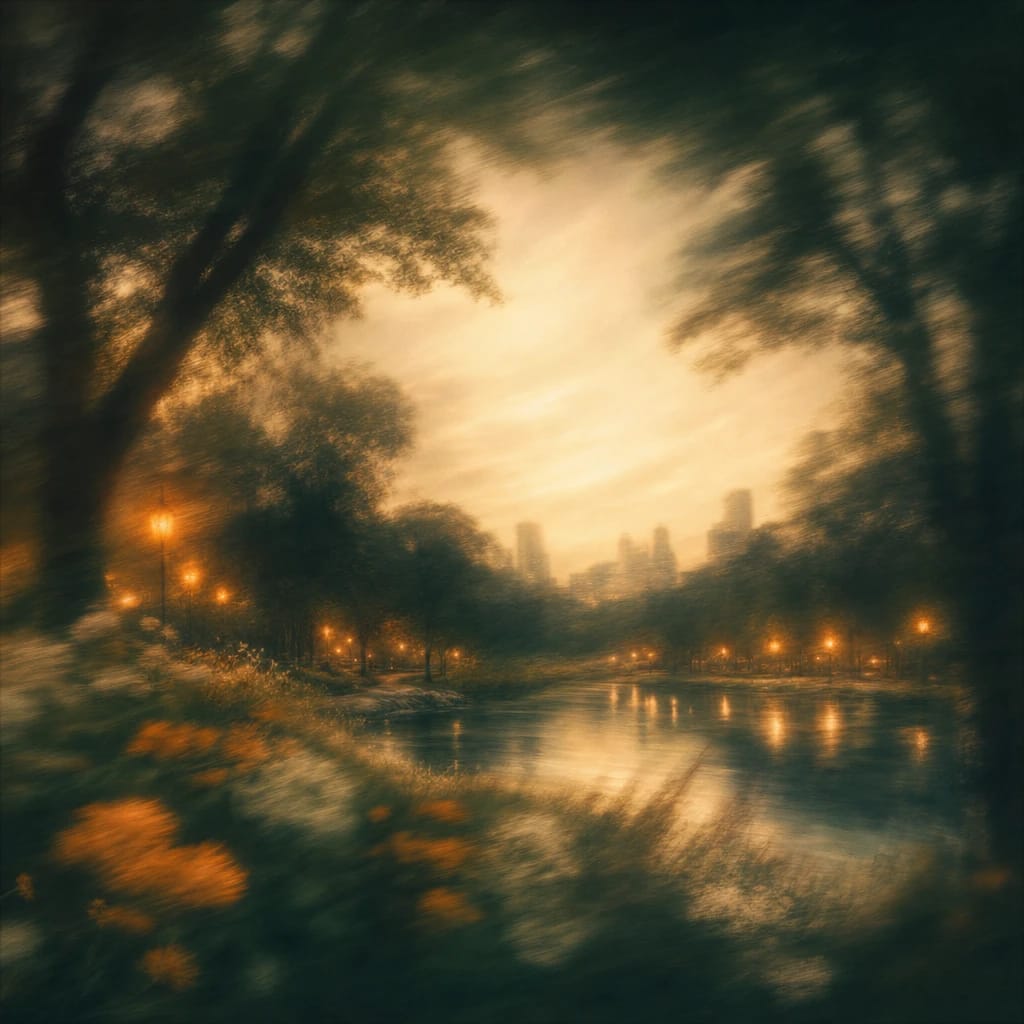 Stylized scene featuring misty city park at dusk, framed by towering old oaks and orange lamplight, rendered in deep forest green, off-white, and warm orange