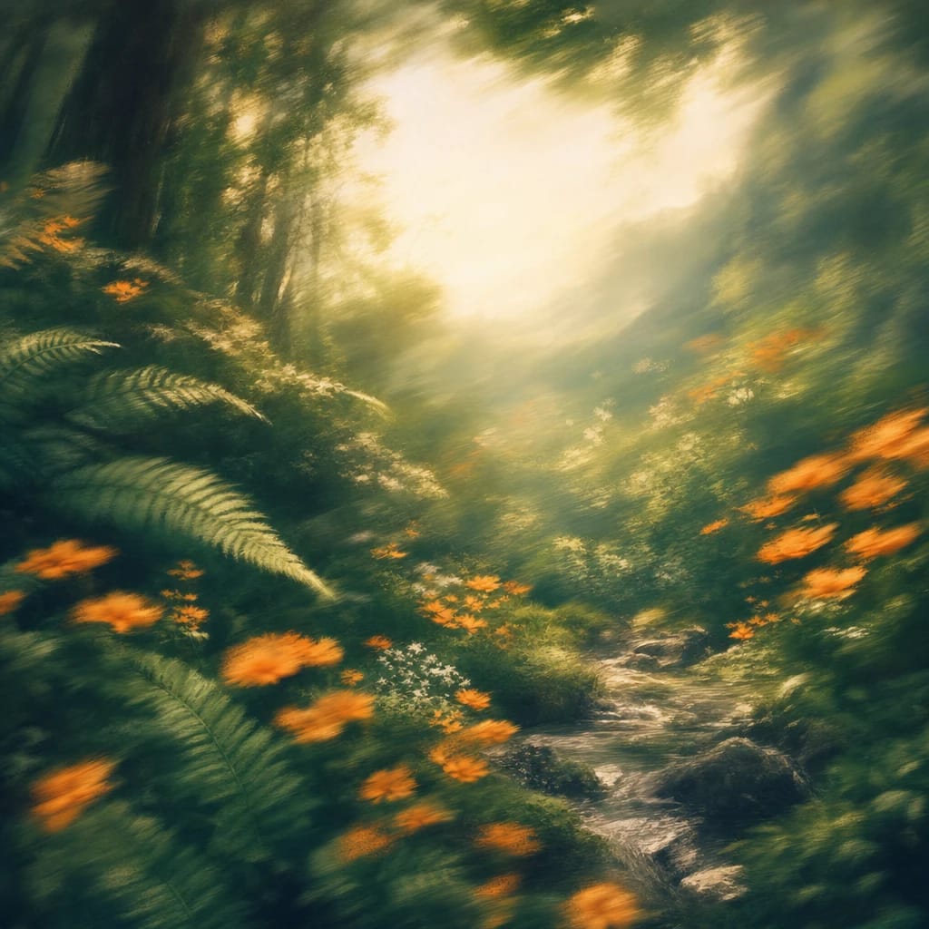 Stylized scene featuring sunlit forest glade with oversized ferns and exaggeratedly vibrant wildflowers, rendered in deep forest green, off-white, and warm orange
