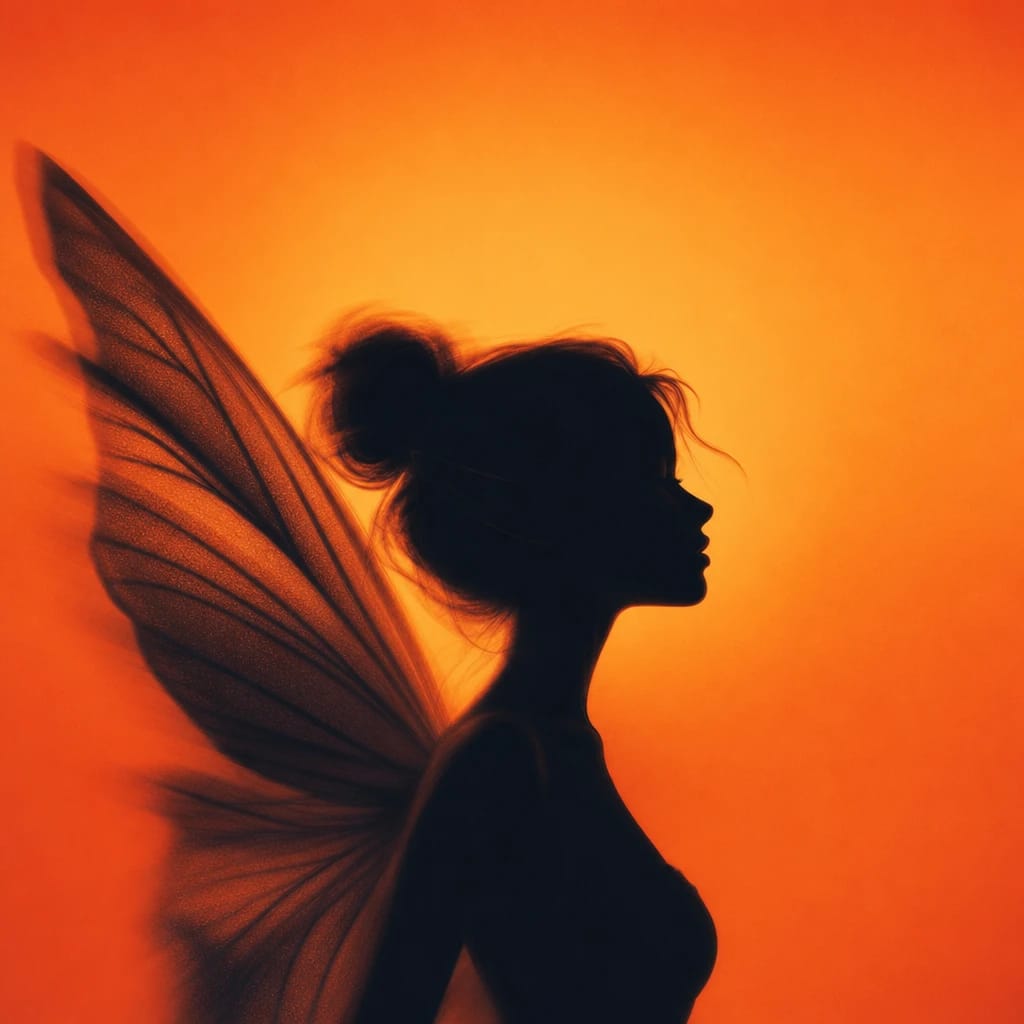 Stylized scene featuring a graceful fairy with delicate wings, softly glowing, rendered in #F76D3F