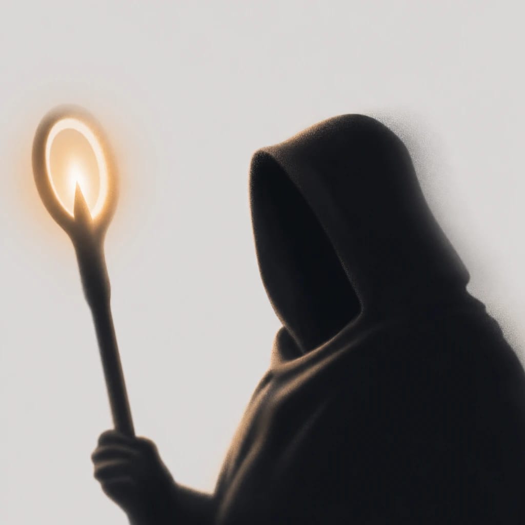 Stylized scene featuring a healer with a glowing staff, soft focus, rendered in #D7D5D5