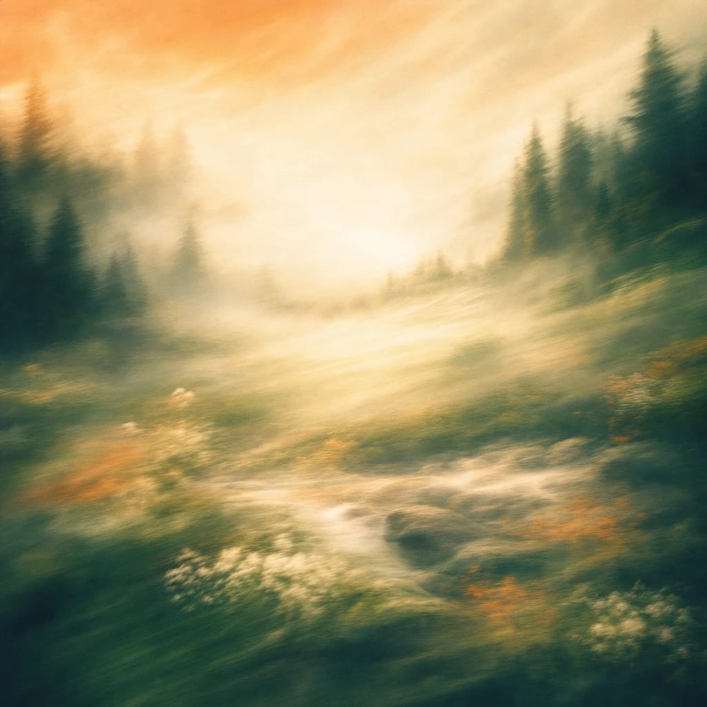 Stylized scene featuring soft morning mist rising over a tranquil forest clearing, rendered in deep forest green, off-white, and warm orange