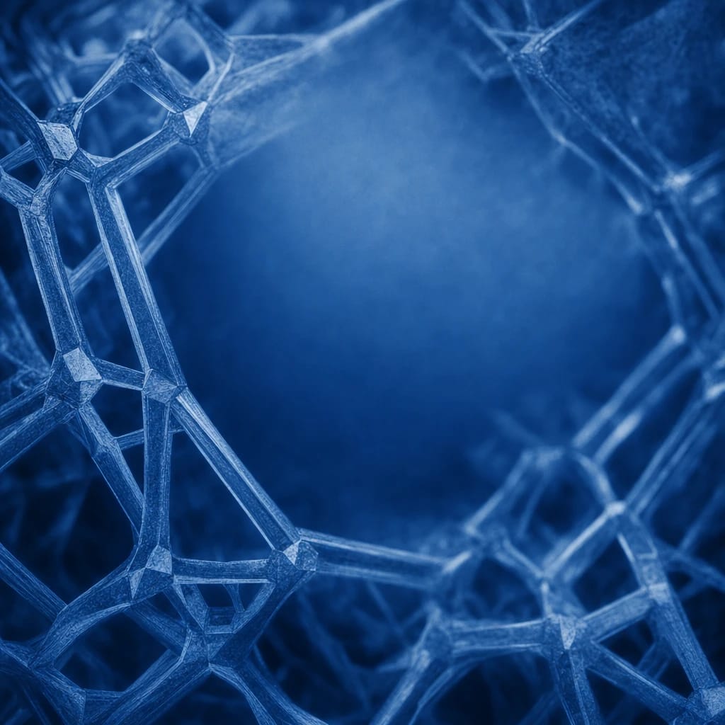 Stylized scene featuring the intricate lattice structure of a crystallized chemical compound, rendered in cobalt blue #1E4FA3