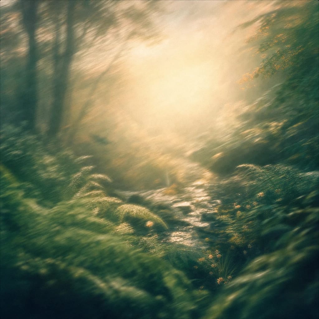 Stylized scene featuring morning forest with dappled sunlight and dew-covered ferns, rendered in deep forest green, off-white, and warm orange