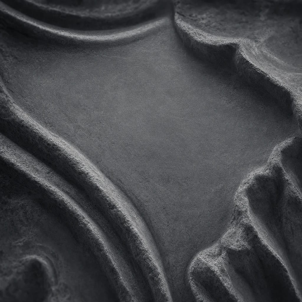 Stylized scene featuring ancient Roman stone inscription detail, rendered in charcoal gray #41454A