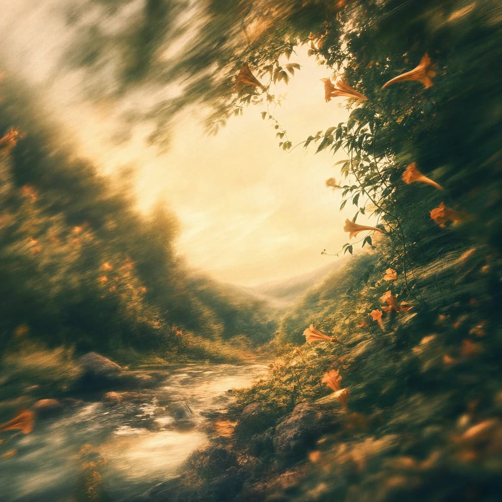 Stylized scene featuring glowing trumpet vines entwined on a sunlit forest stage, rendered in deep forest green, off-white, and warm orange