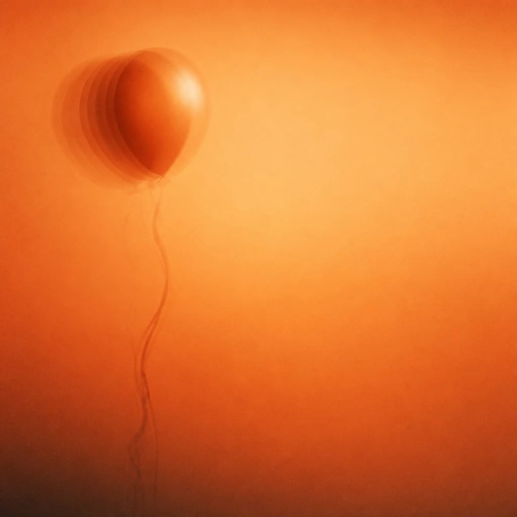 Stylized scene featuring an out-of-focus, drifting balloon against a flat background, rendered in burnt orange #C94A18