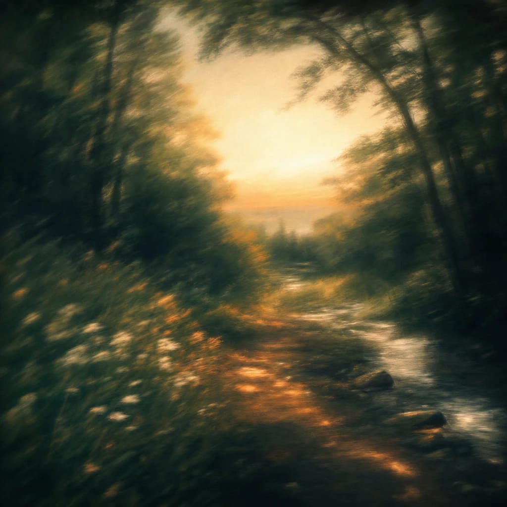 Stylized scene featuring a shadowy forest path dappled with warm light, dense foliage framing a hidden trail, rendered in deep forest green, off-white, and warm orange