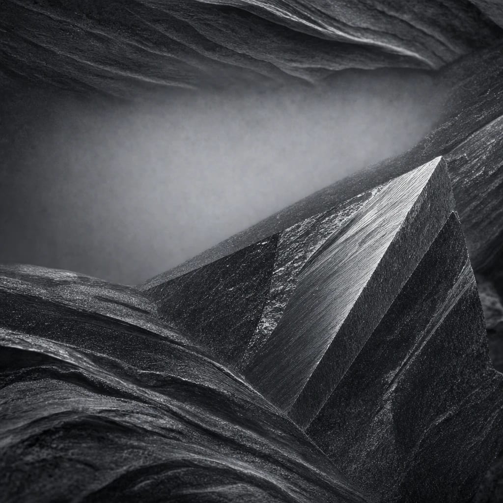 Stylized scene featuring a faceted chunk of hematite mineral, rendered in charcoal gray #41454A