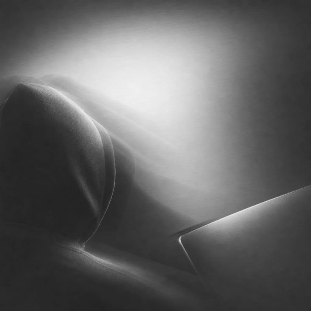 Stylized scene featuring a sharply lit hoodie hood and laptop lid, cropped at the edges, rendered in charcoal gray #41454A
