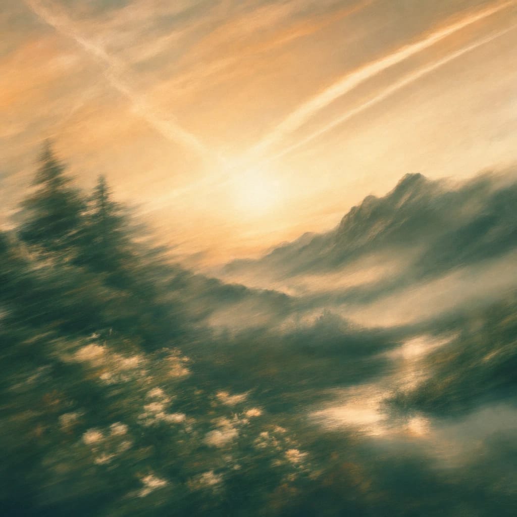 Stylized scene featuring misty mountain ridge at sunrise with contrails sweeping the sky, rendered in deep forest green, off-white, and warm orange