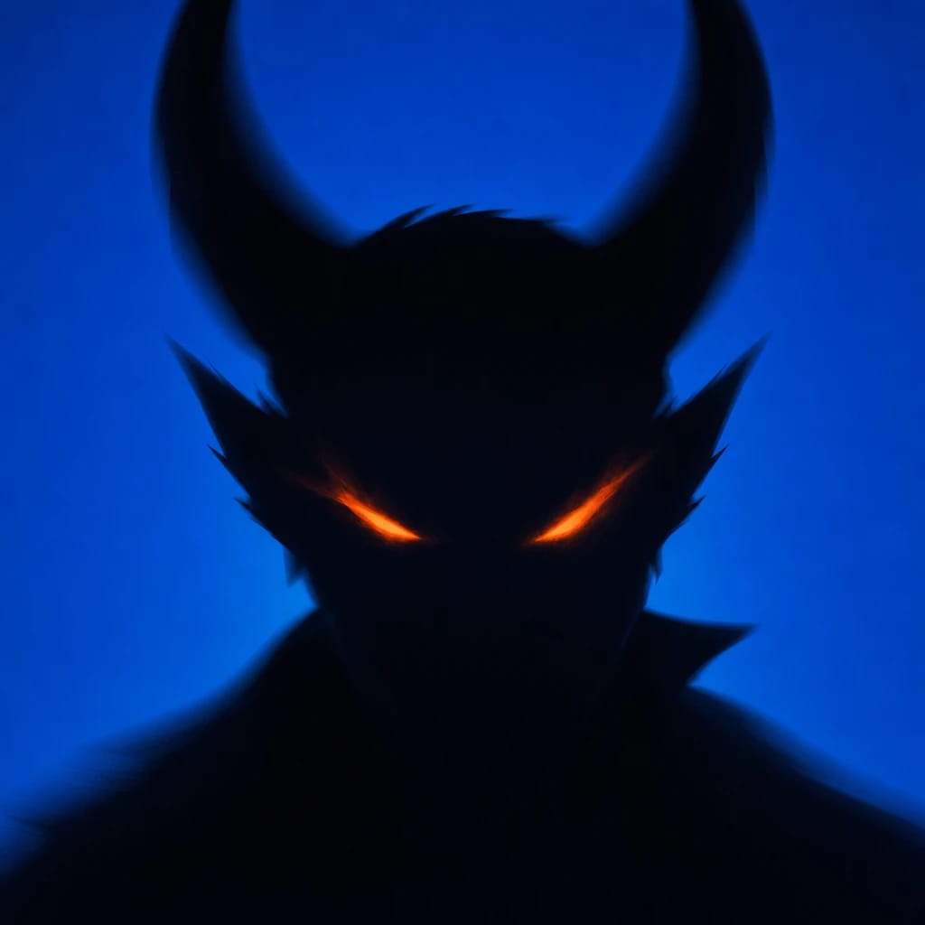 Stylized scene featuring a demon's face with glowing eyes, semi-shadowed, rendered in #004CB6