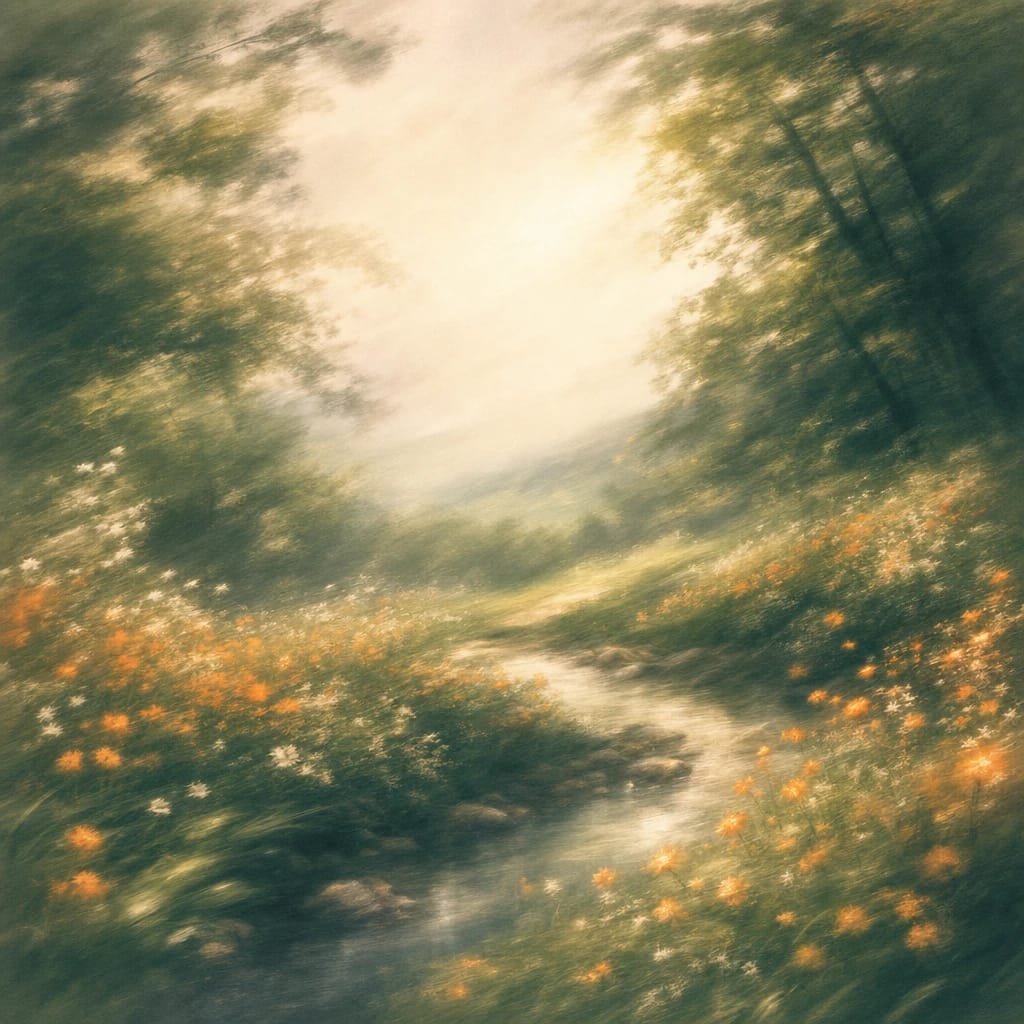 Stylized scene featuring gentle, sun-dappled forest clearing with blooming wildflowers, rendered in deep forest green, off-white, and warm orange