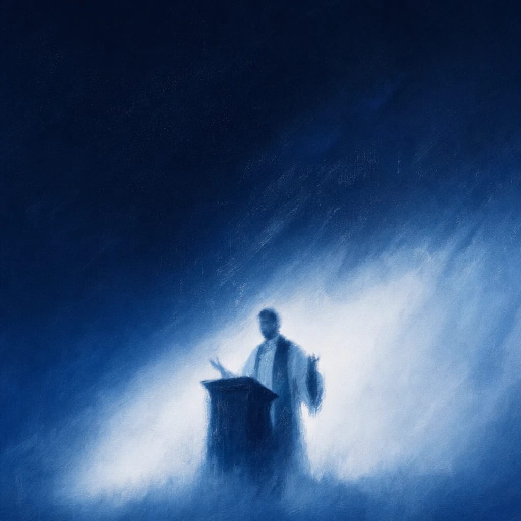 Stylized scene featuring a priest in ceremonial robes, softly blurred behind a lectern, rendered in #DFE8F3 and #020A2F