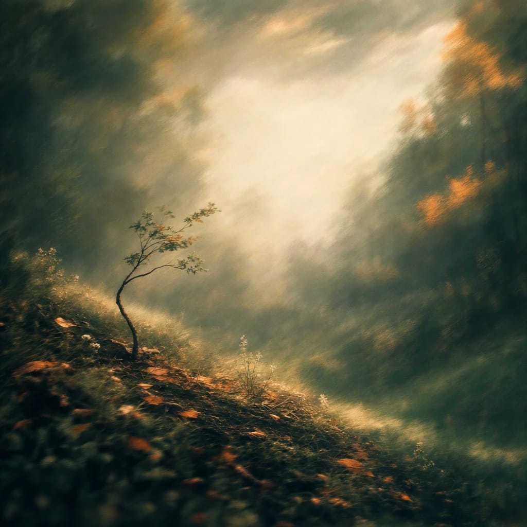 Stylized scene featuring a small sapling bending awkwardly on uneven forest ground, surrounded by patchy sunlight and scattered leaves, rendered in deep forest green, off-white, and warm orange