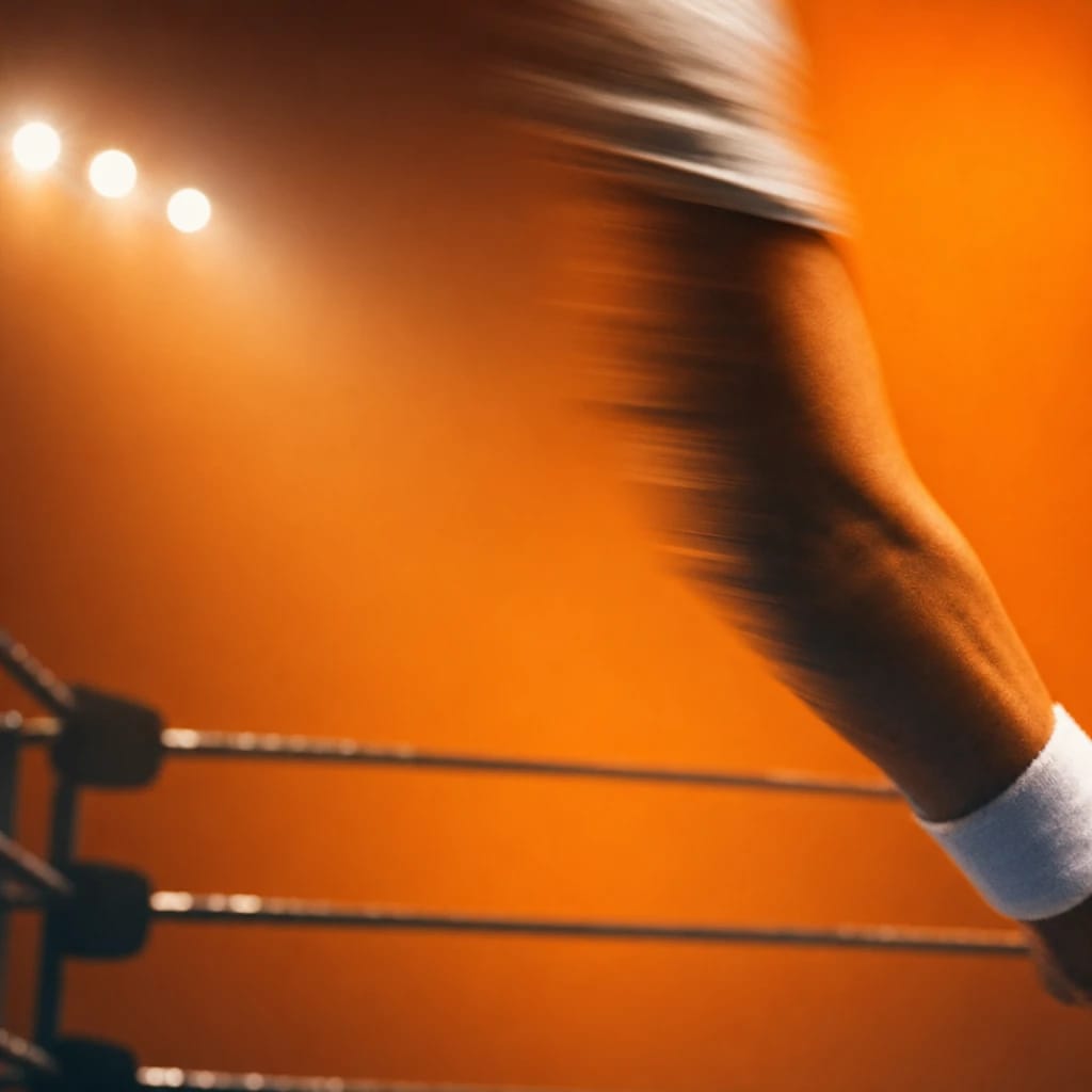 Stylized scene featuring a wrestling ring with spotlights, blurred in the background, rendered in deep green, gray