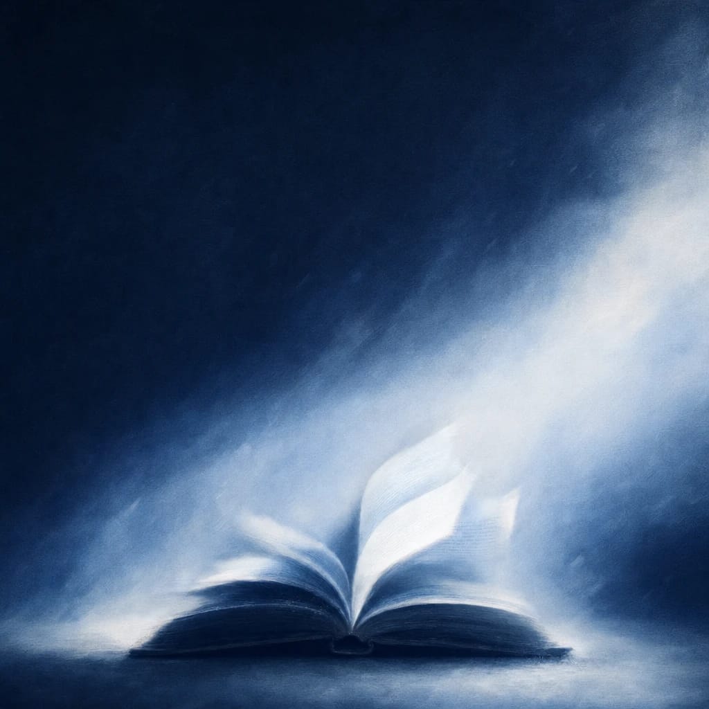 Stylized scene featuring an open book with gently turning pages, softly blurred, rendered in #DFE8F3 and #020A2F