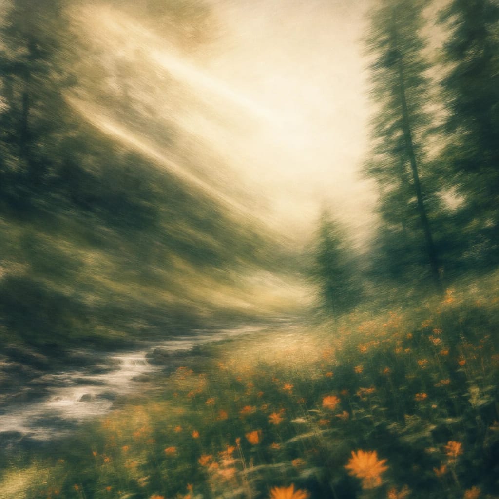 Stylized scene featuring sun-dappled forest with scattered orange wildflowers and beams of warm light, rendered in deep forest green, off-white, and warm orange