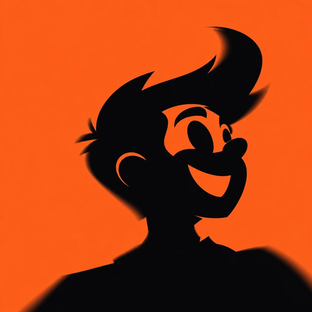 Stylized scene featuring a cheerful cartoon character with exaggerated features, rendered in #F76D3F