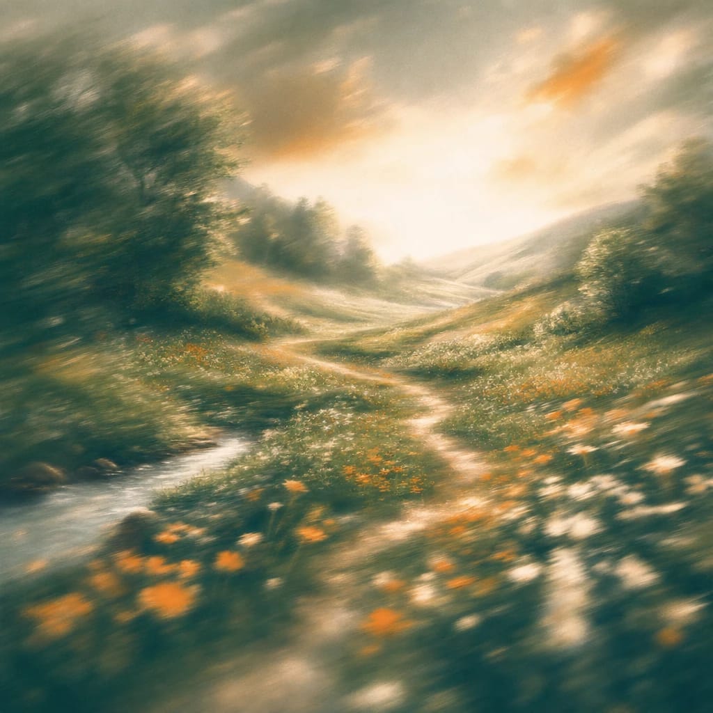 Stylized scene featuring a sun-dappled meadow with diverse wildflowers and intertwined pathways, rendered in deep forest green, off-white, and warm orange