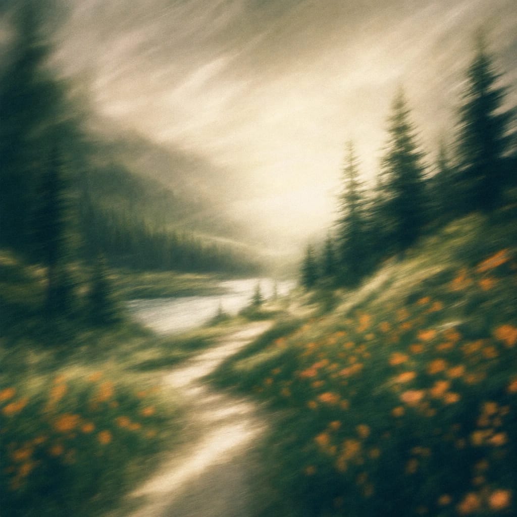 Stylized scene featuring winding forest path with scattered orange wildflowers, rendered in deep forest green, off-white, and warm orange