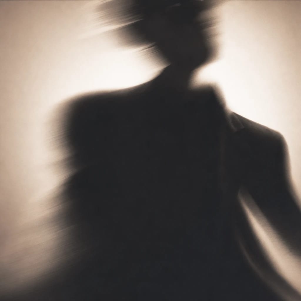 Stylized scene featuring a sharply dressed person striking a bold pose, slightly out of focus, rendered in deep green, off-white