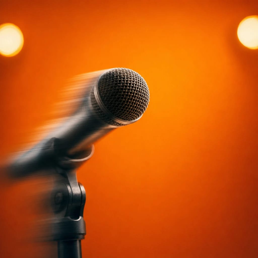 Stylized scene featuring a microphone on a sleek stand, studio lights blurry in the background, rendered in deep green, gray