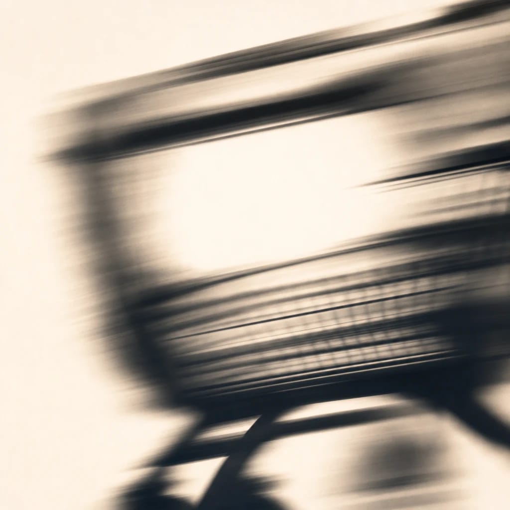 Stylized scene featuring a shopping cart, crisp and in focus, rendered in off-white, blue