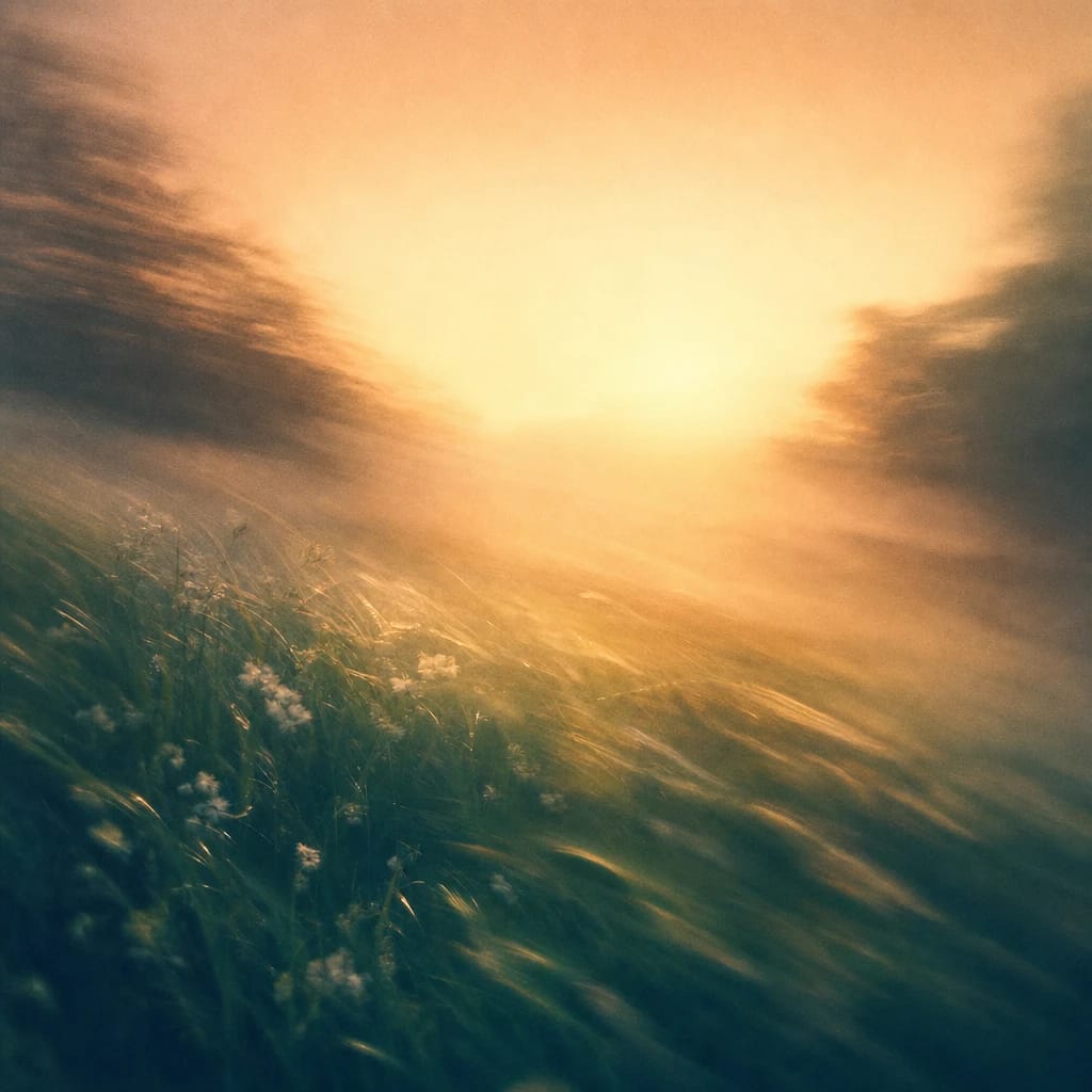 Stylized scene featuring sunrise-lit dewy grass in a schoolyard, warm orange haze glowing through morning mist, rendered in deep forest green, off-white, and warm orange