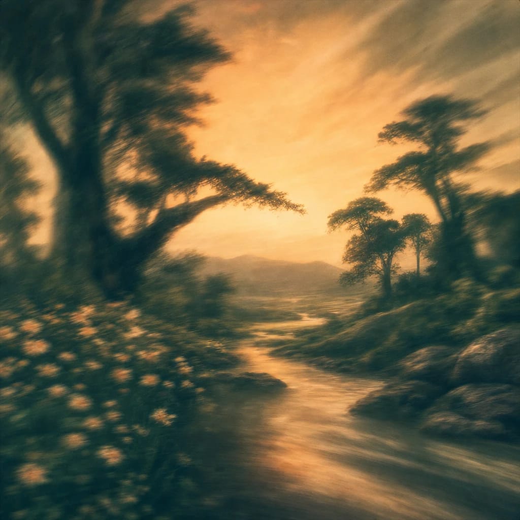 Stylized scene featuring towering ancient trees silhouetted against a dramatic sunset sky, rendered in deep forest green, off-white, and warm orange