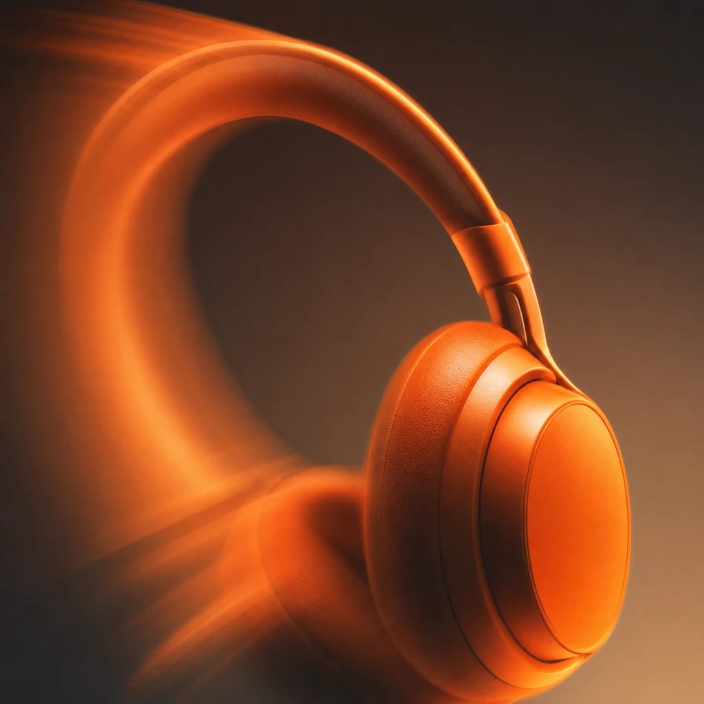 Stylized scene featuring a close-up of softly glowing headphones, rendered in off-white, gray
