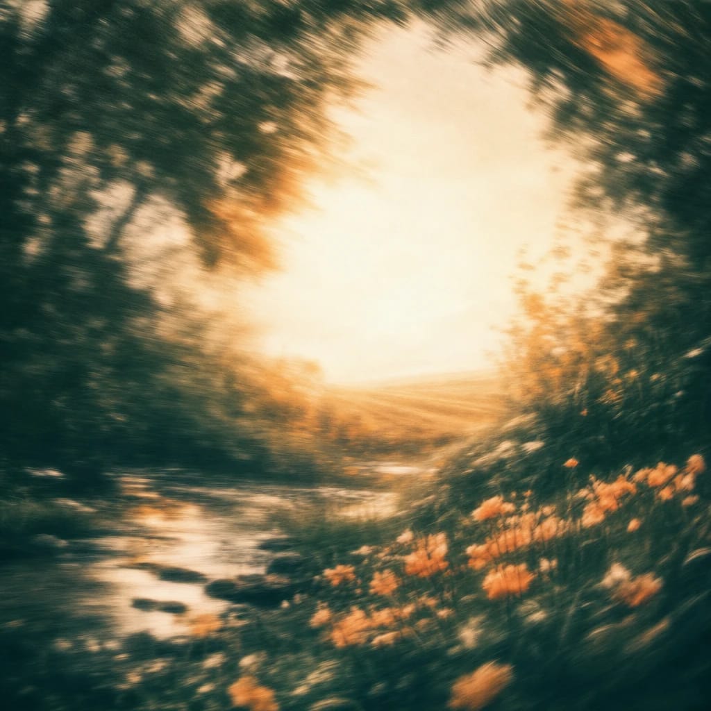 Stylized scene featuring sunlight filtering through dense leafy branches in a tranquil forest grove, rendered in deep forest green, off-white, and warm orange