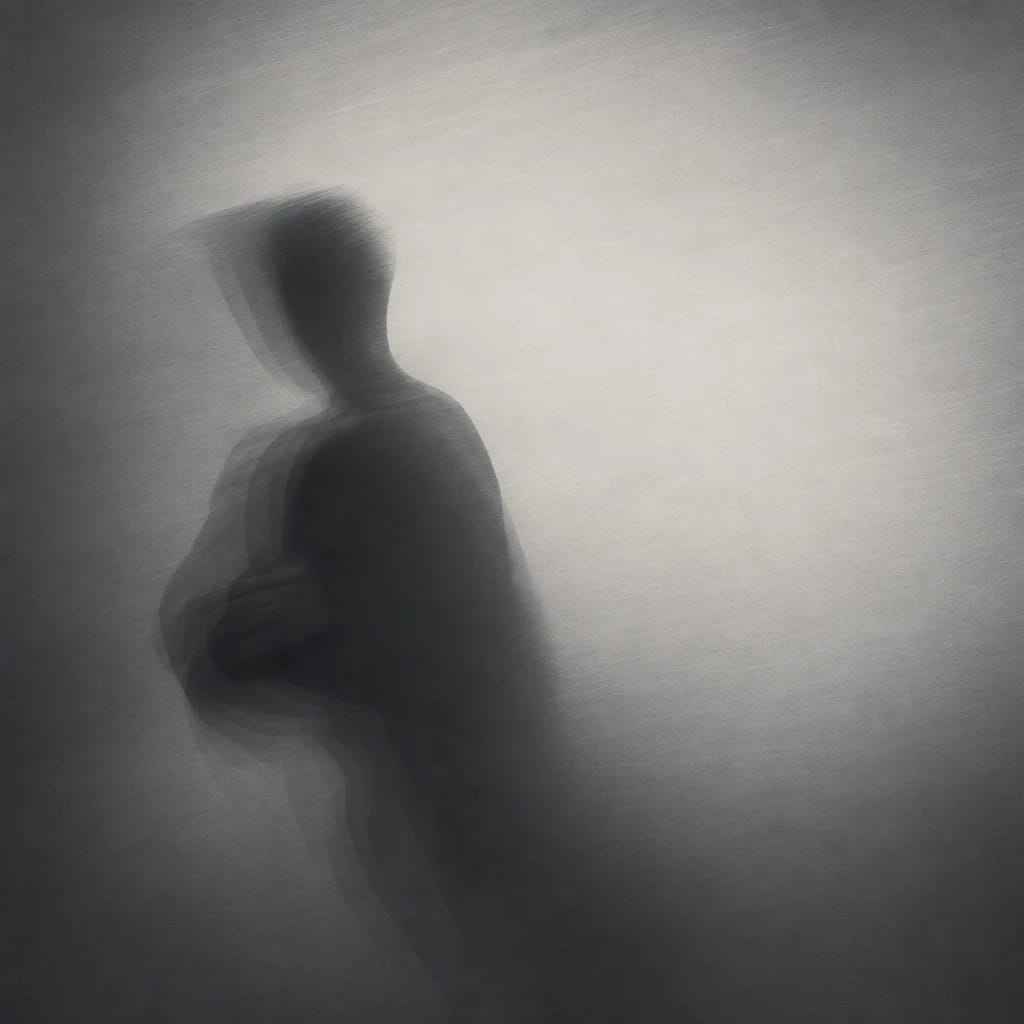 Stylized scene featuring a silhouette with crossed arms, half turned away, rendered in charcoal gray #41454A