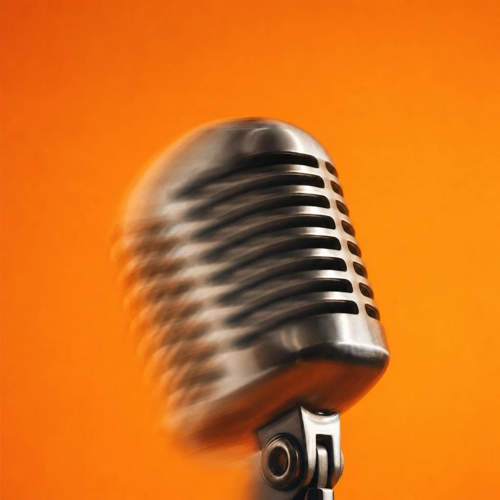 Stylized scene featuring a vintage radio microphone, softly out of focus, rendered in gray, off-white