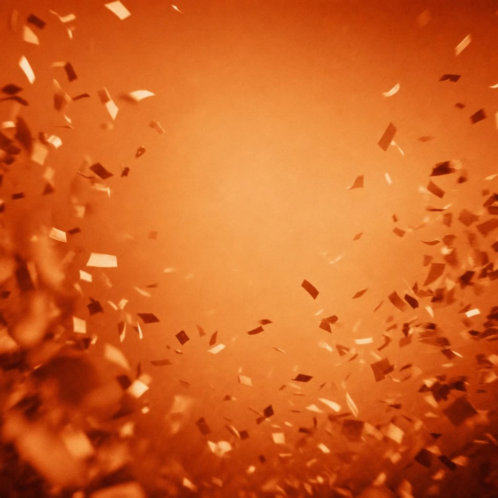 Stylized scene featuring a dynamic burst of confetti frozen mid-air, rendered in burnt orange #C94A18