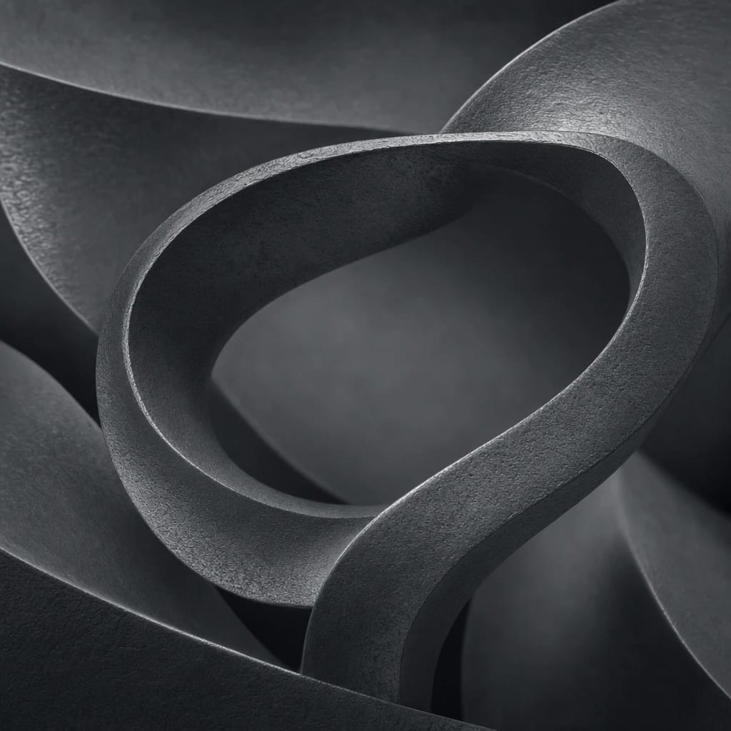 Stylized scene featuring a cast bronze relief of intertwined Möbius strips, rendered in charcoal gray #41454A