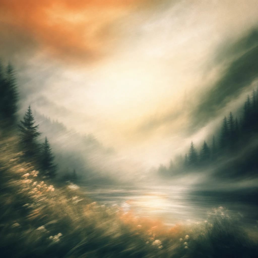 Stylized scene featuring mist rolling through shadowy pine forest, rendered in deep forest green, off-white, and warm orange