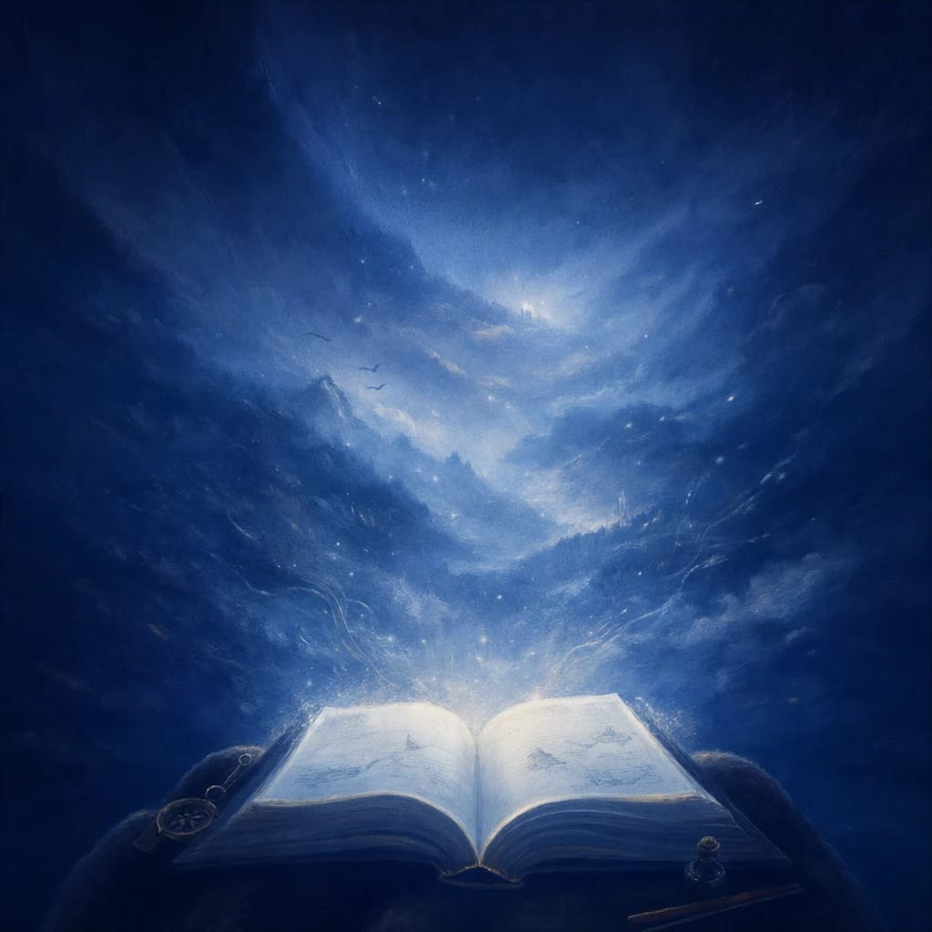 Stylized scene featuring a soft glowing storybook open on a lap, gentle light, rendered in #DFE8F3 and #020A2F