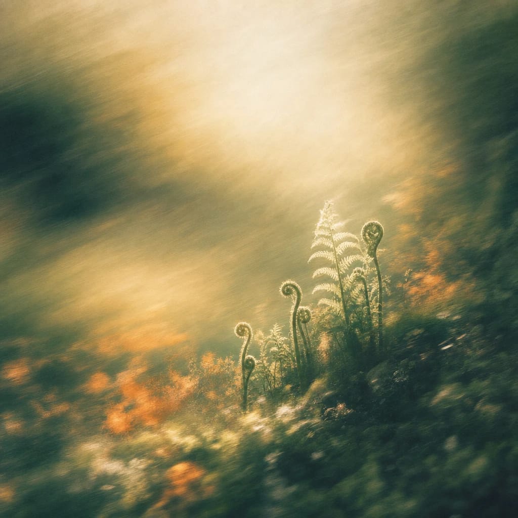 Stylized scene featuring a delicate cluster of ferns unfurling on a sun-dappled forest floor, rendered in deep forest green, off-white, and warm orange
