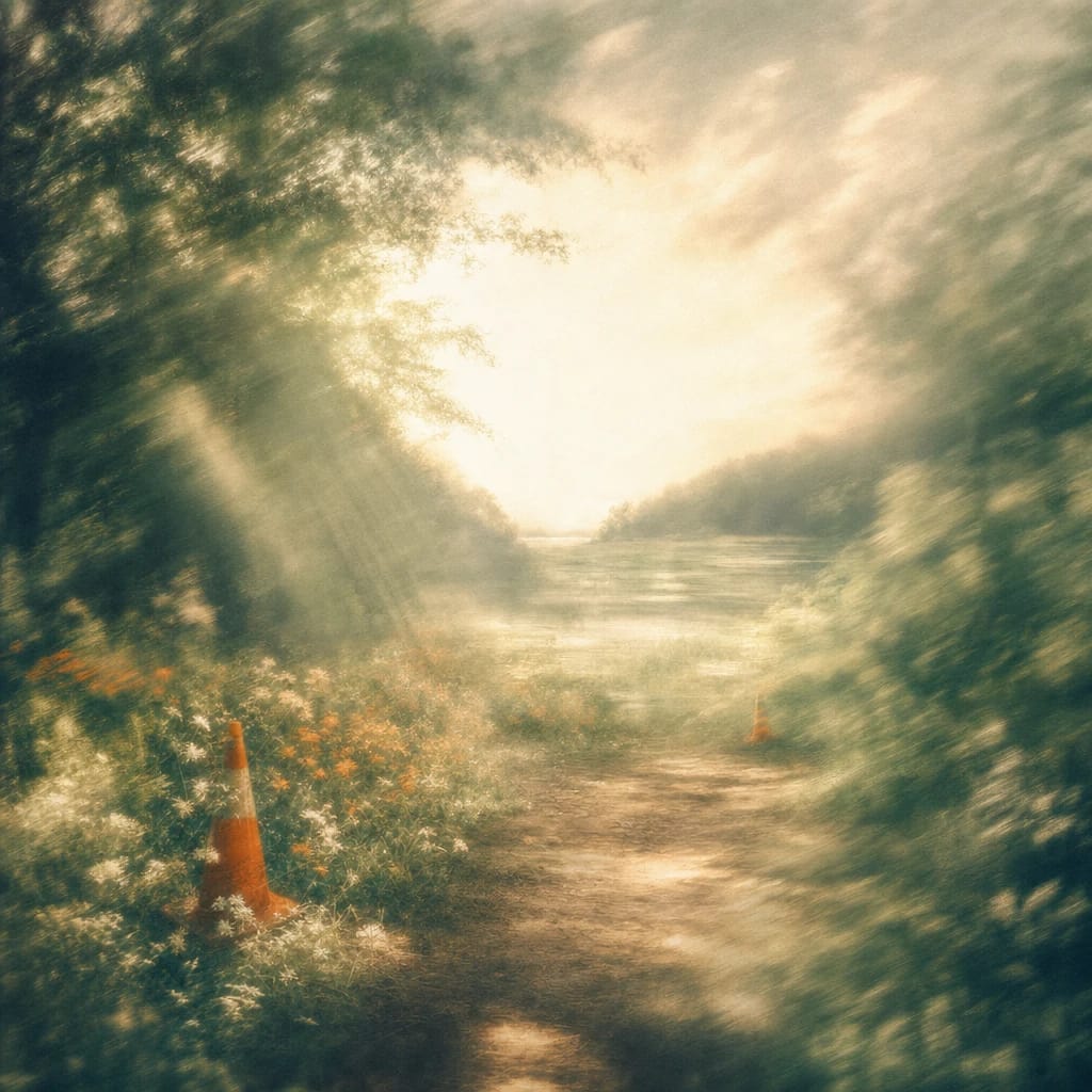 Stylized scene featuring morning sunlight streaming through dense foliage beside a forest path, orange construction cones nestled among wildflowers, rendered in deep forest green, off-white, and warm orange