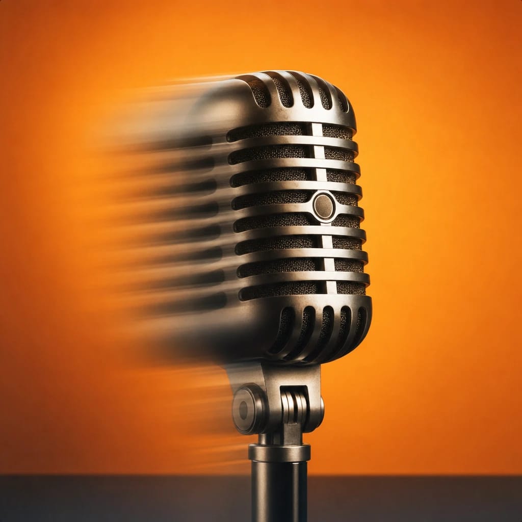 Stylized scene featuring a classic microphone on a news desk, rendered in gray, blue