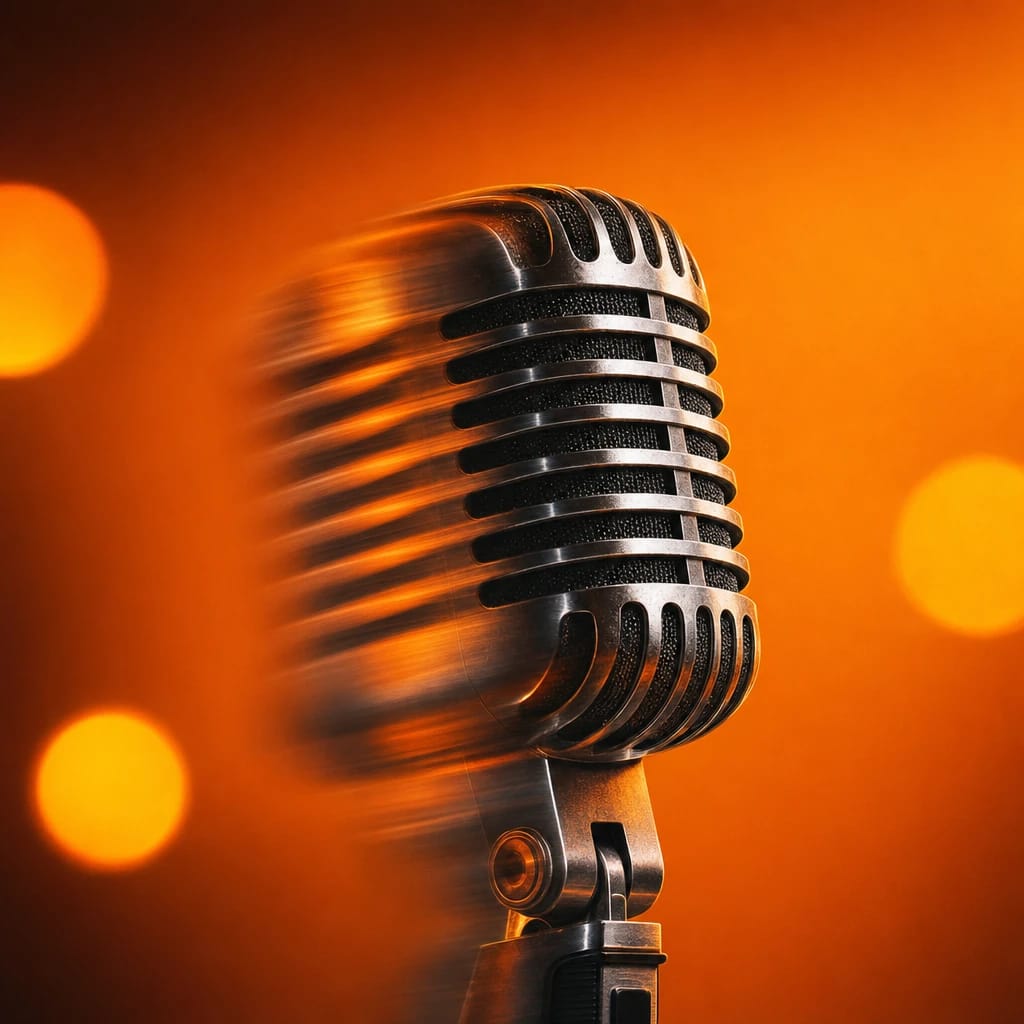 Stylized scene featuring a vintage microphone with blurred studio lights behind, rendered in gray, deep green