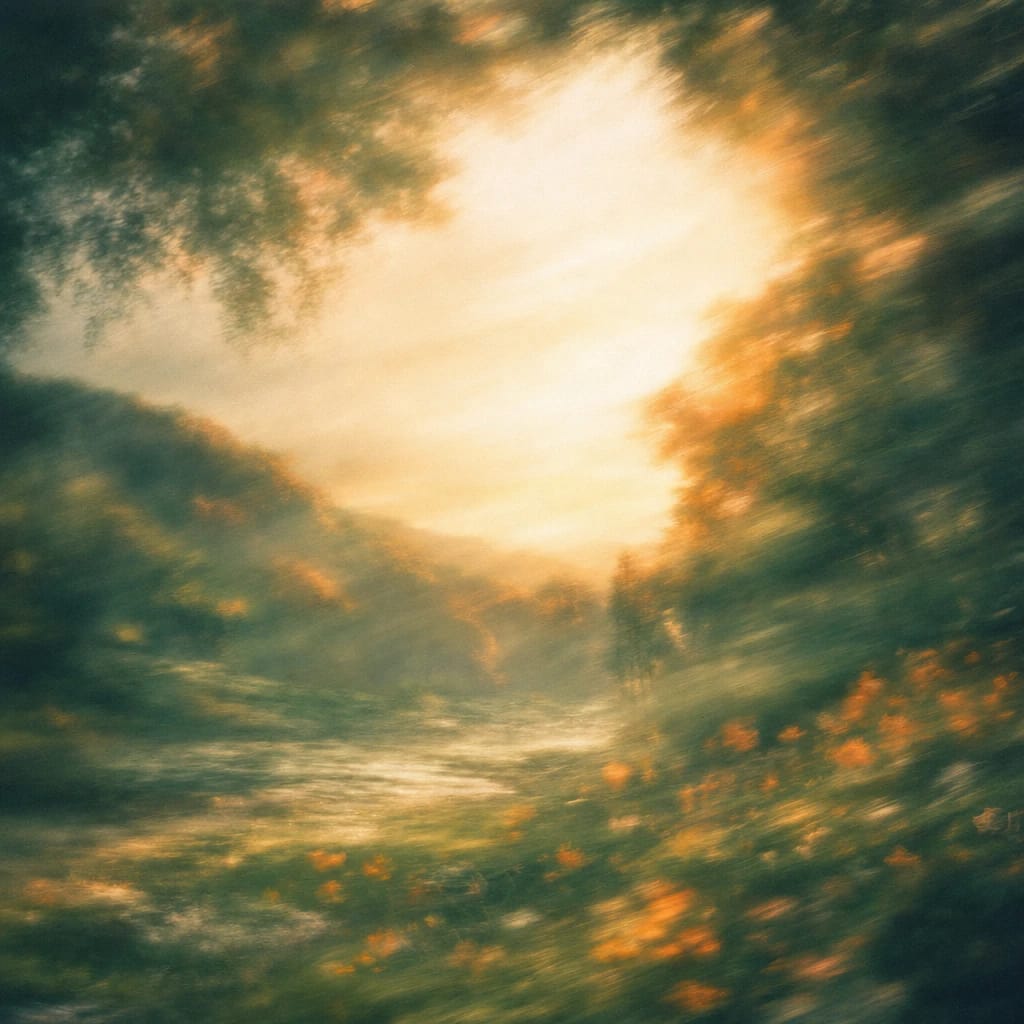 Stylized scene featuring a sun-dappled clearing surrounded by lush foliage with golden sunlight filtering through the trees, rendered in deep forest green, off-white, and warm orange